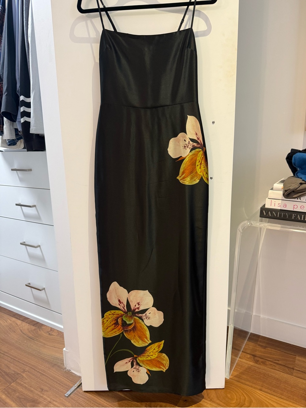 Reformation Black Maxi Slip Dress with Yellow Floral Accents